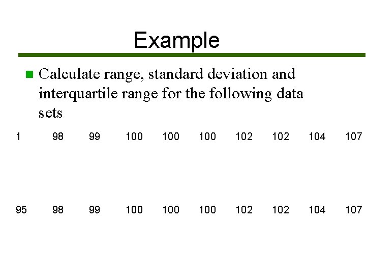 Example n Calculate range, standard deviation and interquartile range for the following data sets