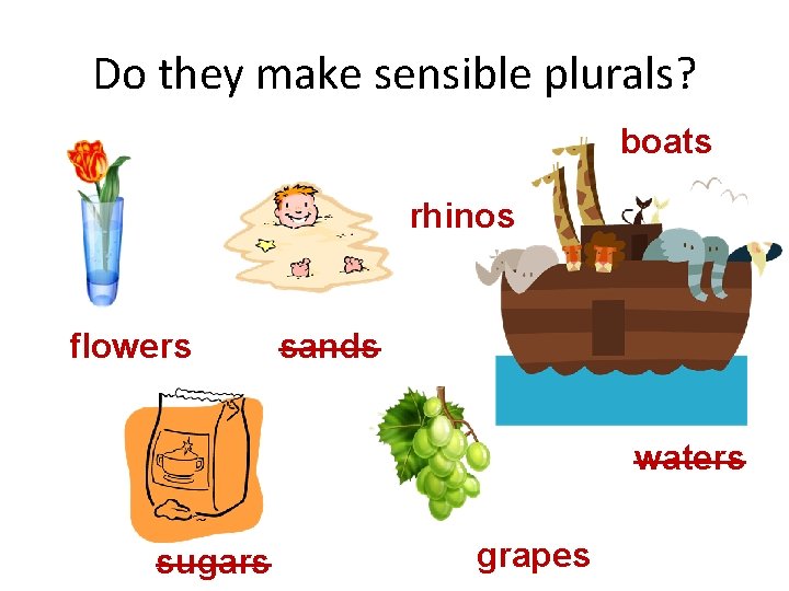 Do they make sensible plurals? boats rhinos flowers sands waters sugars grapes 
