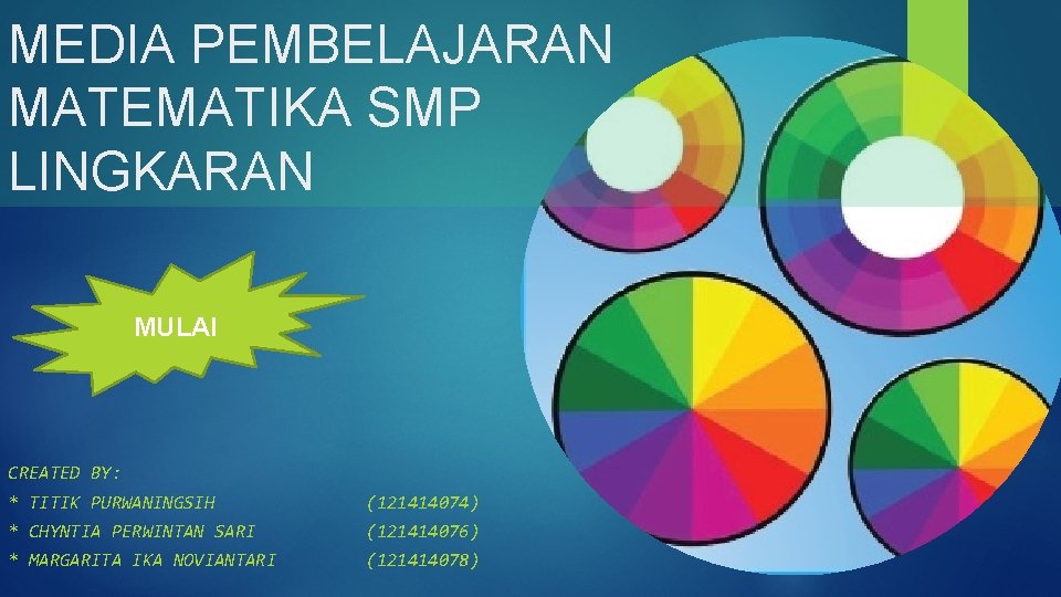 MEDIA PEMBELAJARAN MATEMATIKA SMP LINGKARAN MULAI CREATED BY: * TITIK PURWANINGSIH (121414074) * CHYNTIA