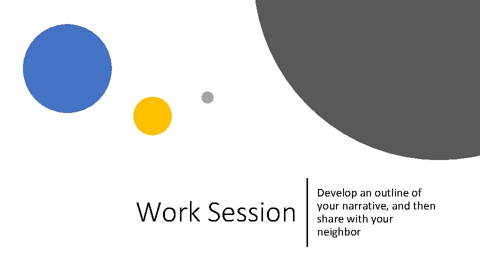 Work Session Develop an outline of your narrative, and then share with your neighbor