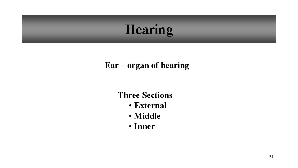 Hearing Ear – organ of hearing Three Sections • External • Middle • Inner