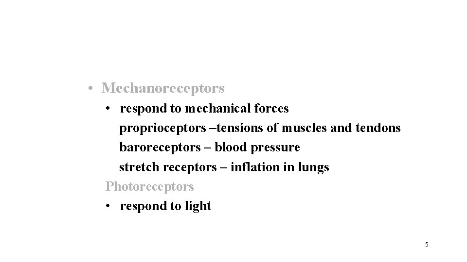  • Mechanoreceptors • respond to mechanical forces proprioceptors –tensions of muscles and tendons