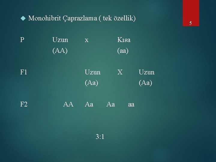  P Monohibrit Çaprazlama ( tek özellik) Uzun (AA) F 1 F 2 AA