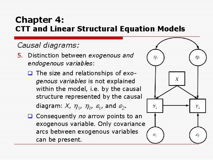 Chapter 4: CTT and Linear Structural Equation Models Causal diagrams: 5. Distinction between exogenous