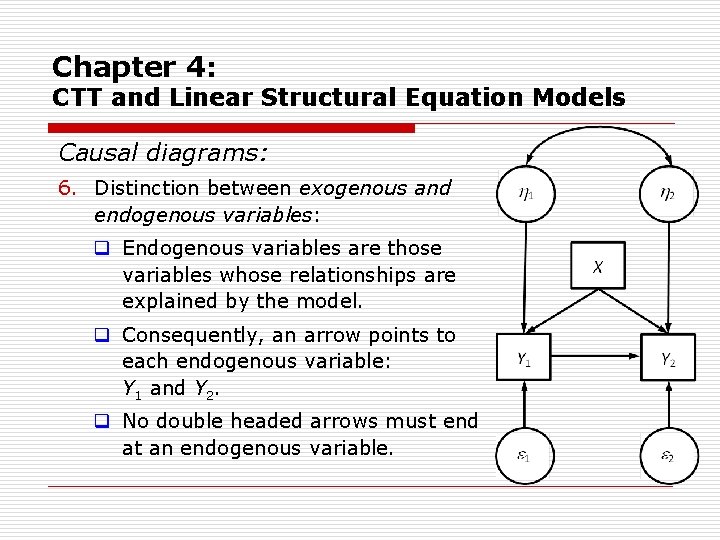 Chapter 4: CTT and Linear Structural Equation Models Causal diagrams: 6. Distinction between exogenous