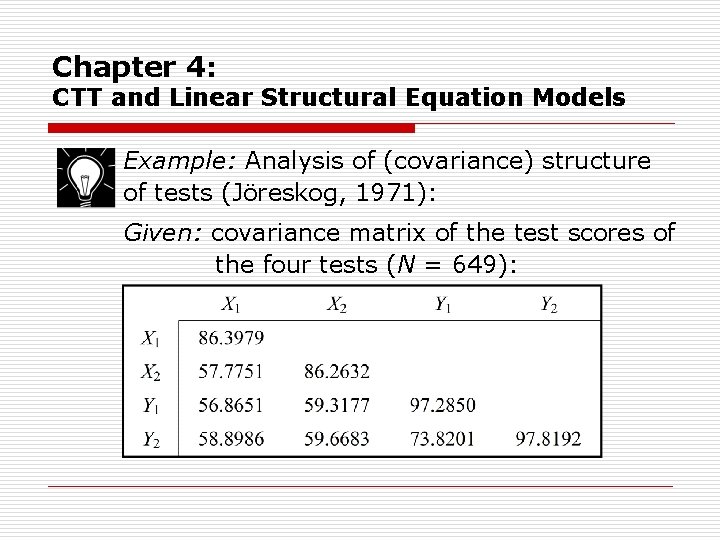 Chapter 4: CTT and Linear Structural Equation Models Example: Analysis of (covariance) structure of