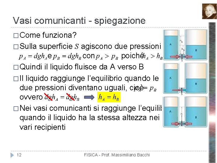 Vasi comunicanti - spiegazione � Come funziona? � Sulla superficie S agiscono due pressioni Vasi comunicanti - spiegazione � Come funziona? � Sulla superficie S agiscono due pressioni