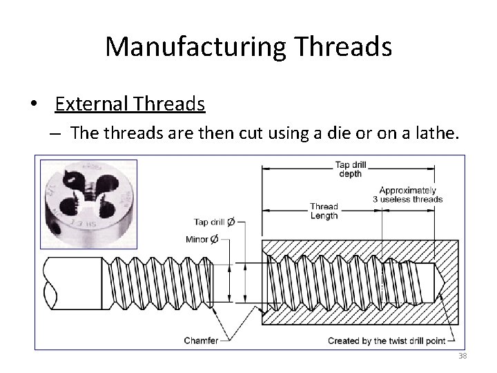 Manufacturing Threads • External Threads – The threads are then cut using a die