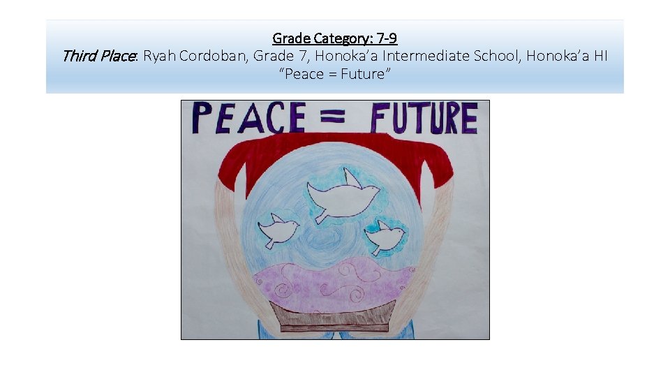 Grade Category: 7 -9 Third Place: Ryah Cordoban, Grade 7, Honoka’a Intermediate School, Honoka’a