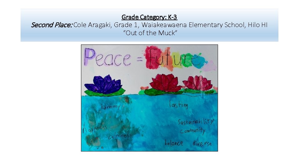 Grade Category: K-3 Second Place: Cole Aragaki, Grade 1, Waiakeawaena Elementary School, Hilo HI
