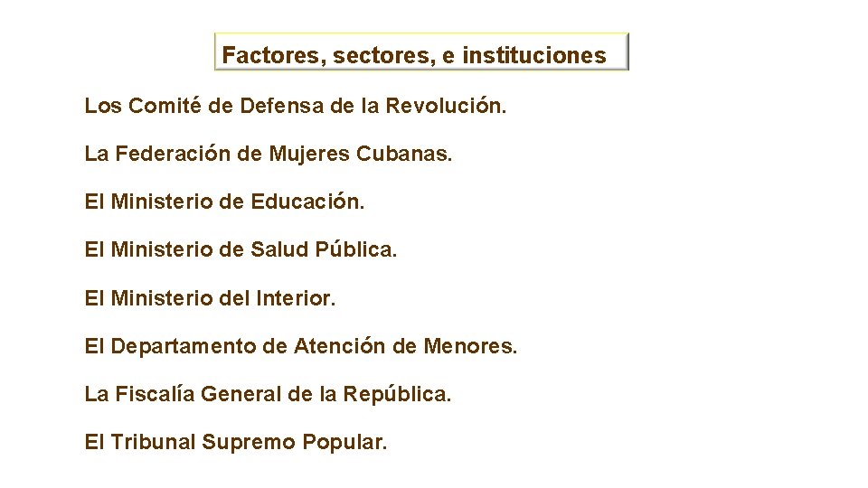 Factores, sectores, e instituciones Los Comité de Defensa de la Revolución. La Federación de