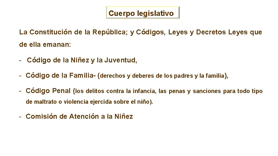 Cuerpo legislativo La Constitución de la República; y Códigos, Leyes y Decretos Leyes que