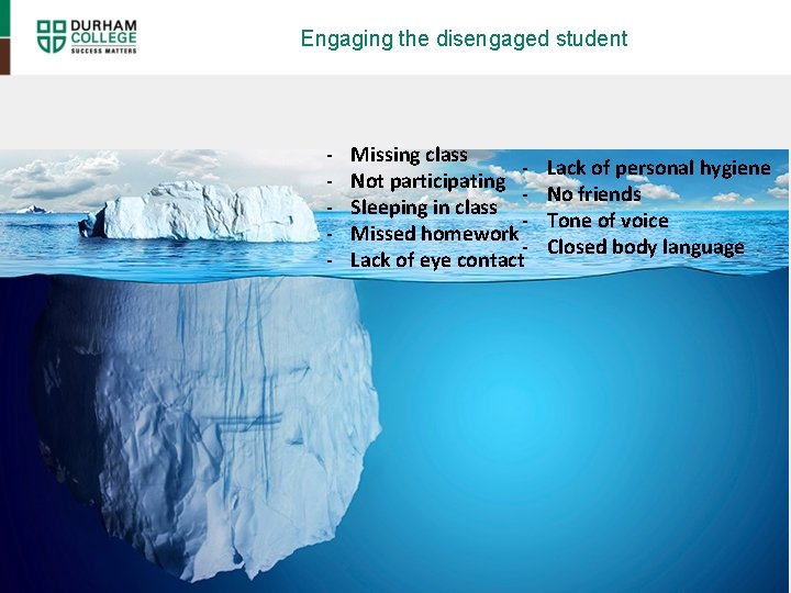 Engaging the disengaged student - Missing class Not participating Sleeping in class Missed homework