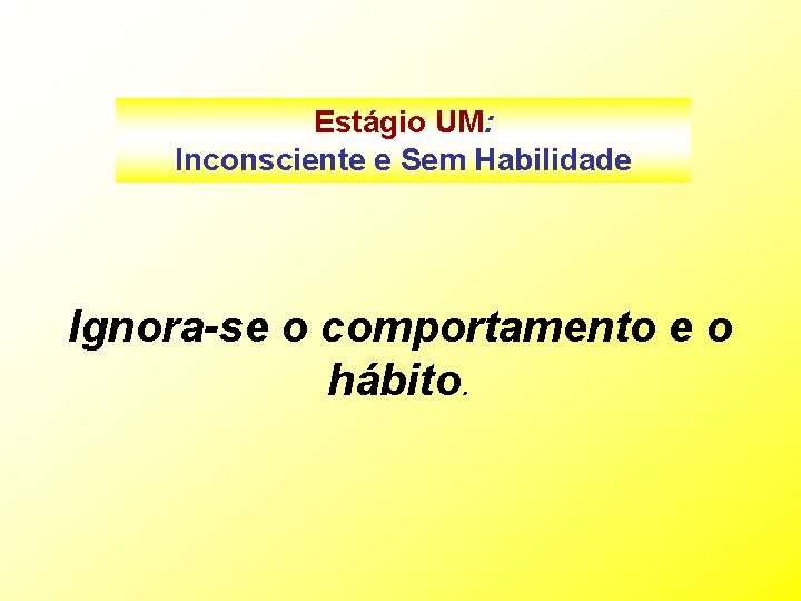 Estágio UM: Inconsciente e Sem Habilidade Ignora-se o comportamento e o hábito. 