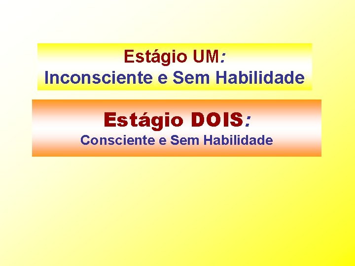 Estágio UM: Inconsciente e Sem Habilidade Estágio DOIS: Consciente e Sem Habilidade 