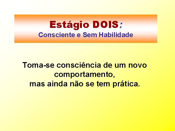 Estágio DOIS: Consciente e Sem Habilidade Toma-se consciência de um novo comportamento, mas ainda