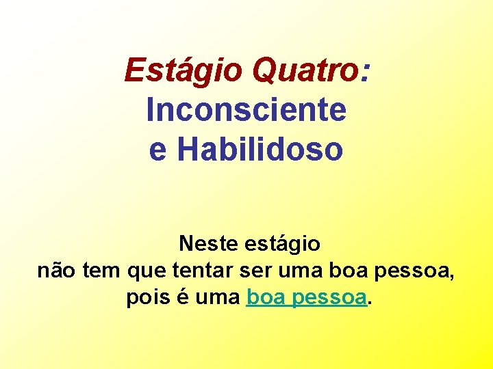 Estágio Quatro: Inconsciente e Habilidoso Neste estágio não tem que tentar ser uma boa