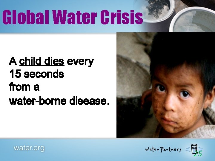 Global Water Crisis A child dies every 15 seconds from a water-borne disease. 25 Global Water Crisis A child dies every 15 seconds from a water-borne disease. 25