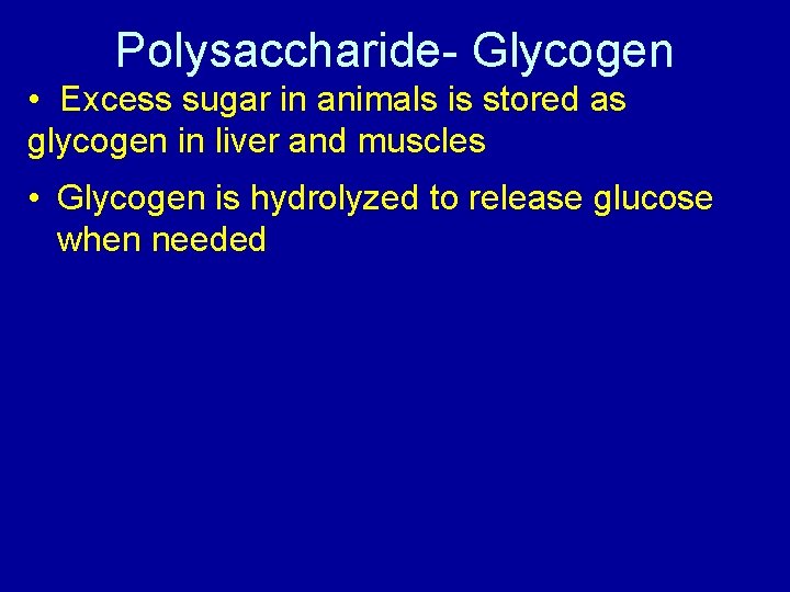 Polysaccharide- Glycogen • Excess sugar in animals is stored as glycogen in liver and