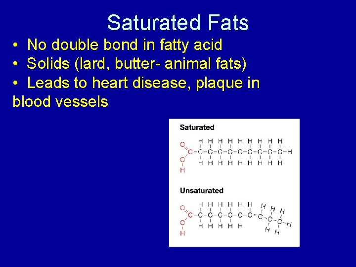 Saturated Fats • No double bond in fatty acid • Solids (lard, butter- animal