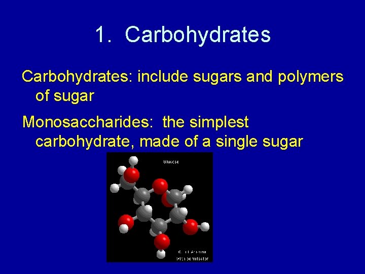 1. Carbohydrates: include sugars and polymers of sugar Monosaccharides: the simplest carbohydrate, made of