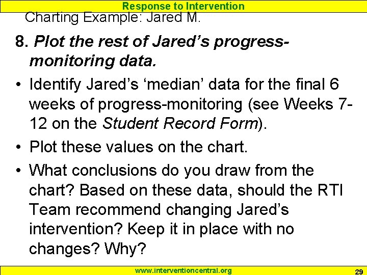 Response to Intervention Charting Example: Jared M. 8. Plot the rest of Jared’s progressmonitoring