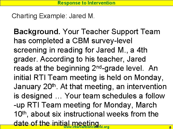 Response to Intervention Charting Example: Jared M. Background. Your Teacher Support Team has completed