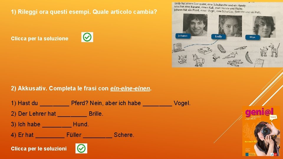 1) Rileggi ora questi esempi. Quale articolo cambia? Clicca per la soluzione 2) Akkusativ.