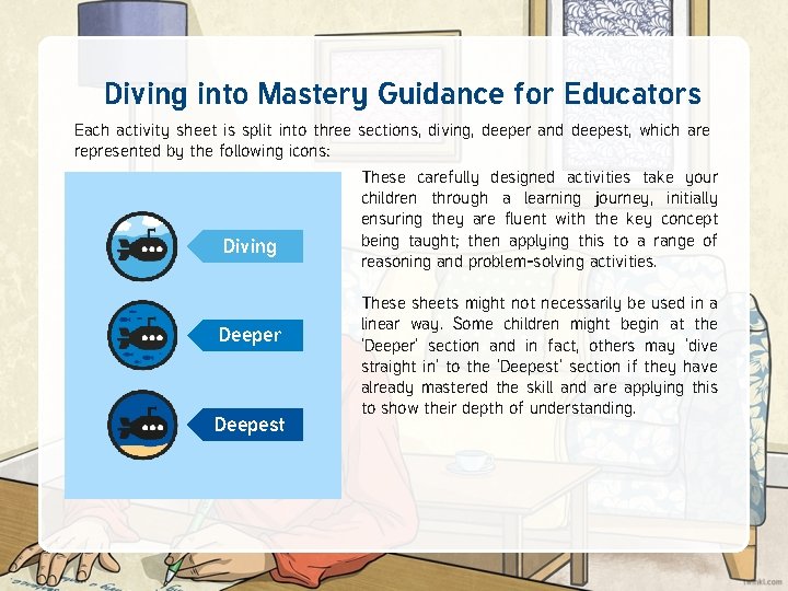 Diving into Mastery Guidance for Educators Each activity sheet is split into three sections,