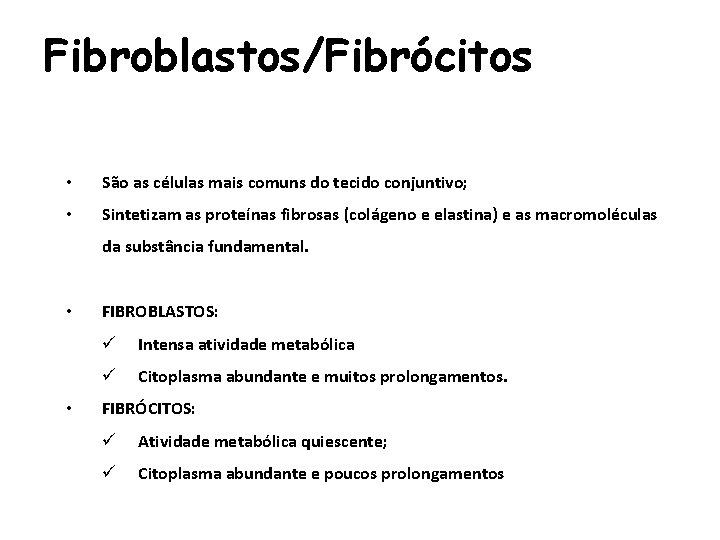 Fibroblastos/Fibrócitos • São as células mais comuns do tecido conjuntivo; • Sintetizam as proteínas