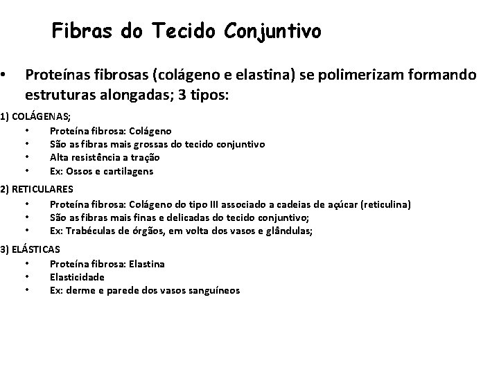  • Fibras do Tecido Conjuntivo Proteínas fibrosas (colágeno e elastina) se polimerizam formando