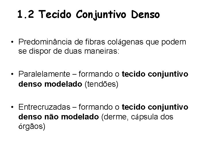 1. 2 Tecido Conjuntivo Denso • Predominância de fibras colágenas que podem se dispor