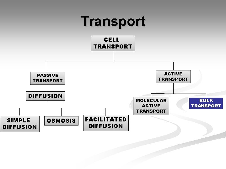 Transport CELL TRANSPORT ACTIVE TRANSPORT PASSIVE TRANSPORT DIFFUSION SIMPLE DIFFUSION OSMOSIS MOLECULAR ACTIVE TRANSPORT Transport CELL TRANSPORT ACTIVE TRANSPORT PASSIVE TRANSPORT DIFFUSION SIMPLE DIFFUSION OSMOSIS MOLECULAR ACTIVE TRANSPORT