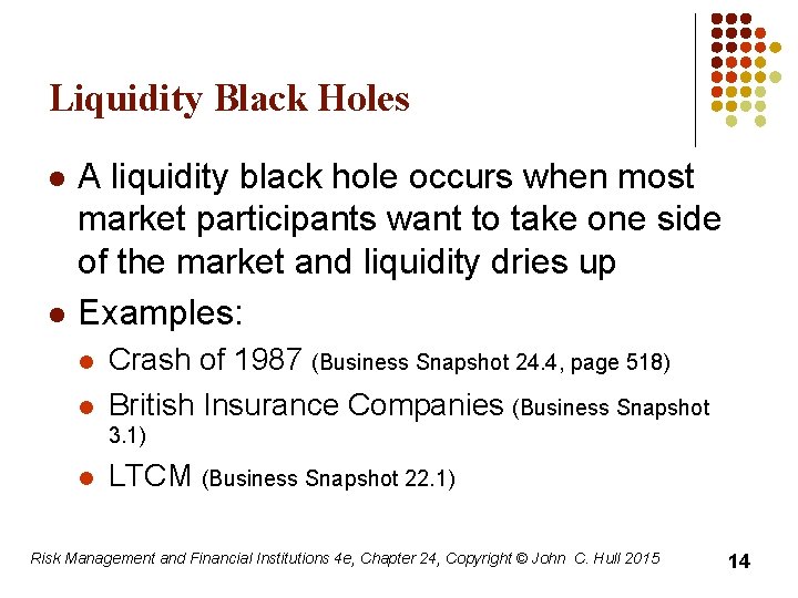 Liquidity Black Holes l l A liquidity black hole occurs when most market participants