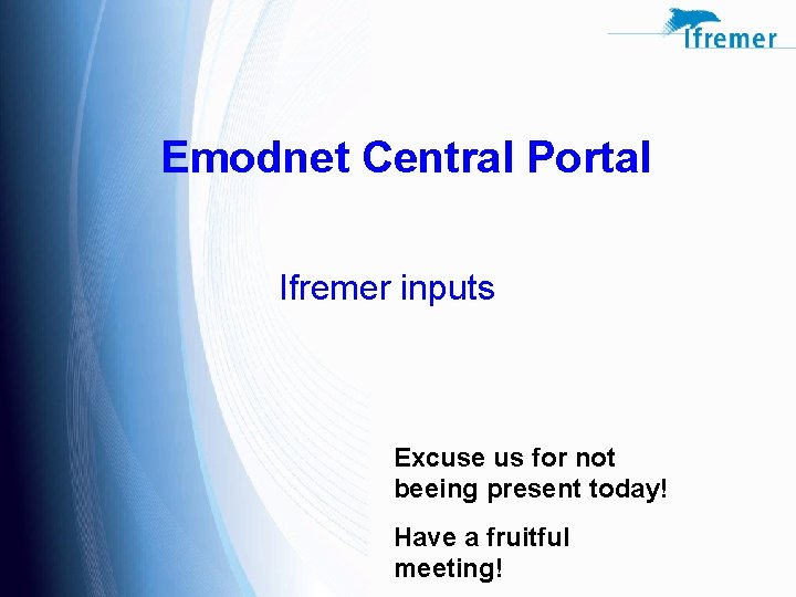 Emodnet Central Portal Ifremer inputs Excuse us for not beeing present today! Have a