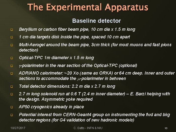 The Experimental Apparatus Baseline detector q Beryllium or carbon fiber beam pipe, 10 cm