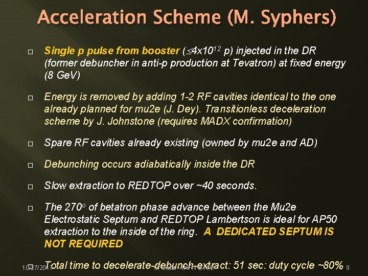 Acceleration Scheme (M. Syphers) Single p pulse from booster (£ 4 x 1012 p)