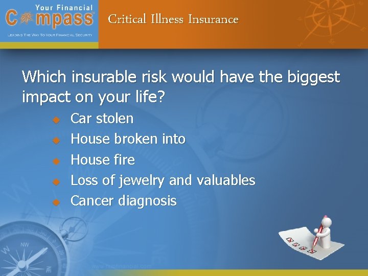 Critical Illness Insurance Which insurable risk would have the biggest impact on your life?