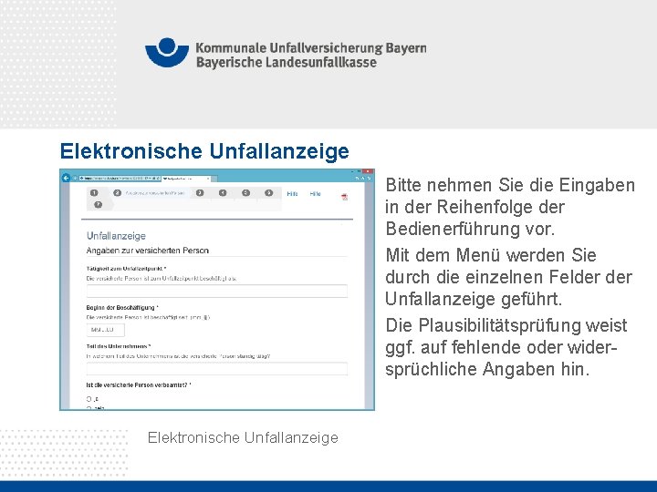 Elektronische Unfallanzeige Bitte nehmen Sie die Eingaben in der Reihenfolge der Bedienerführung vor. Mit