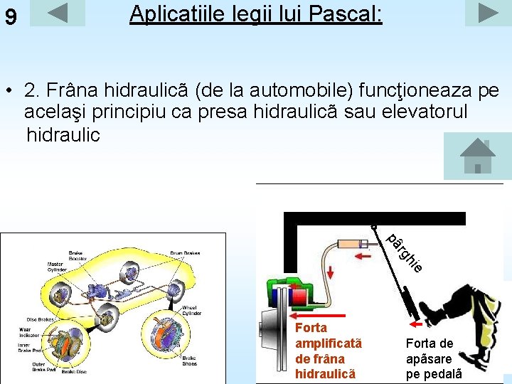 9 Aplicatiile legii lui Pascal: • 2. Frâna hidraulicã (de la automobile) funcţioneaza pe