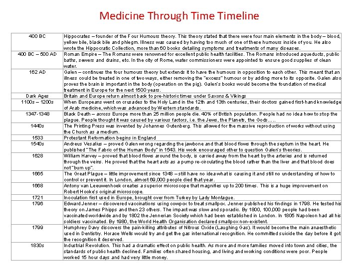 Medicine Through Timeline 400 BC – 500 AD 162 AD Dark Ages 1100 s
