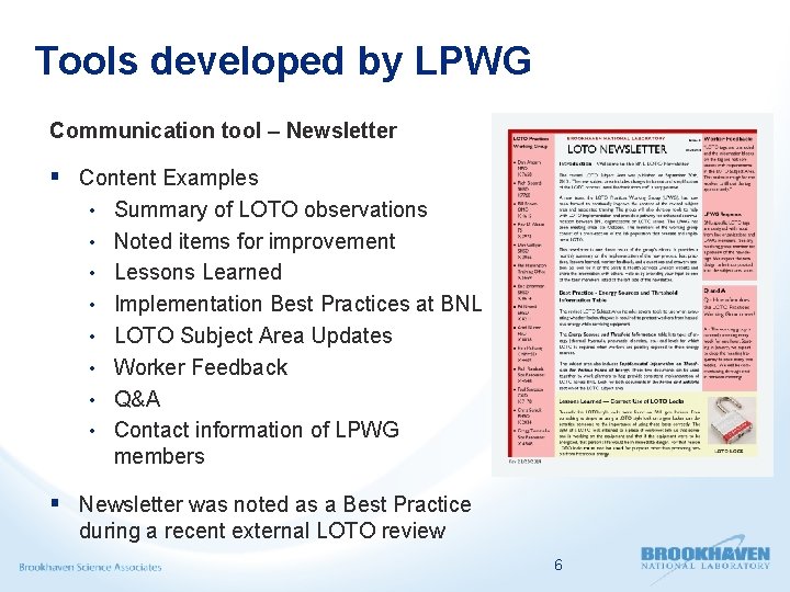 Tools developed by LPWG Communication tool – Newsletter § Content Examples • Summary of