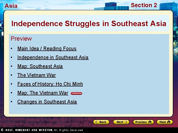 Asia Section 2 Independence Struggles in Southeast Asia Preview • Main Idea / Reading