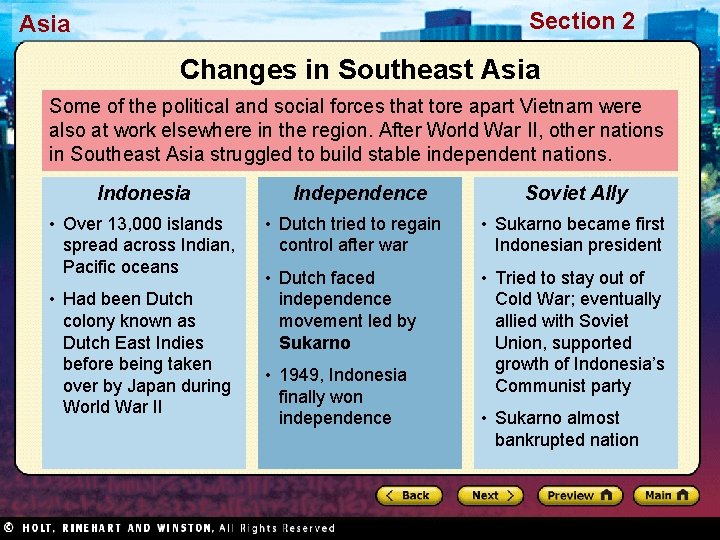 Section 2 Asia Changes in Southeast Asia Some of the political and social forces