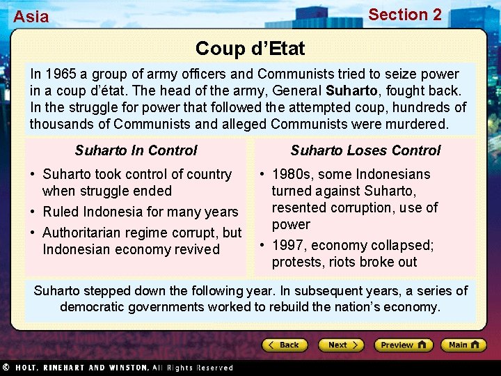 Section 2 Asia Coup d’Etat In 1965 a group of army officers and Communists