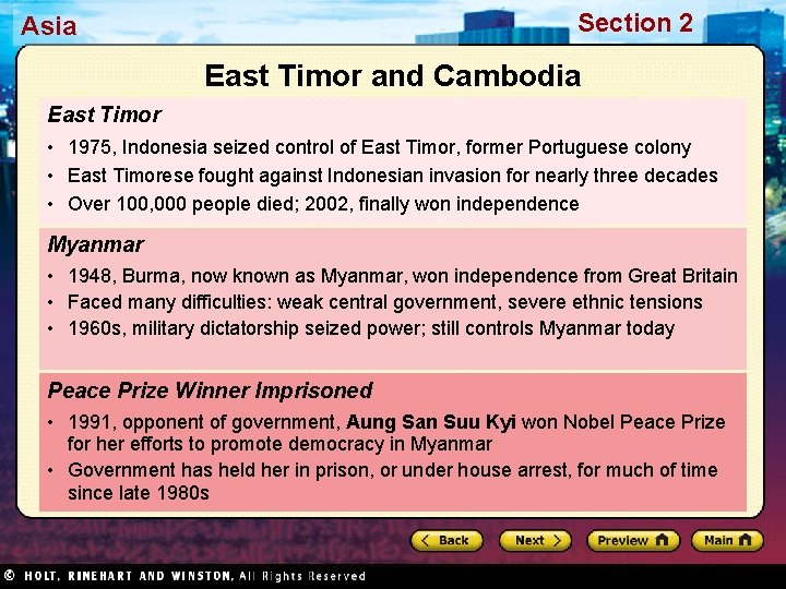 Section 2 Asia East Timor and Cambodia East Timor • 1975, Indonesia seized control
