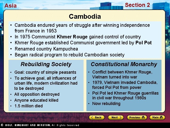 Section 2 Asia Cambodia • Cambodia endured years of struggle after winning independence from