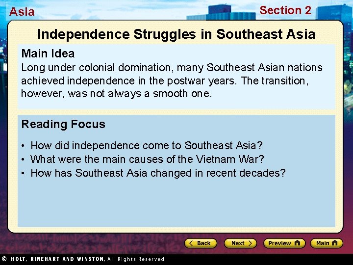 Section 2 Asia Independence Struggles in Southeast Asia Main Idea Long under colonial domination, Section 2 Asia Independence Struggles in Southeast Asia Main Idea Long under colonial domination,