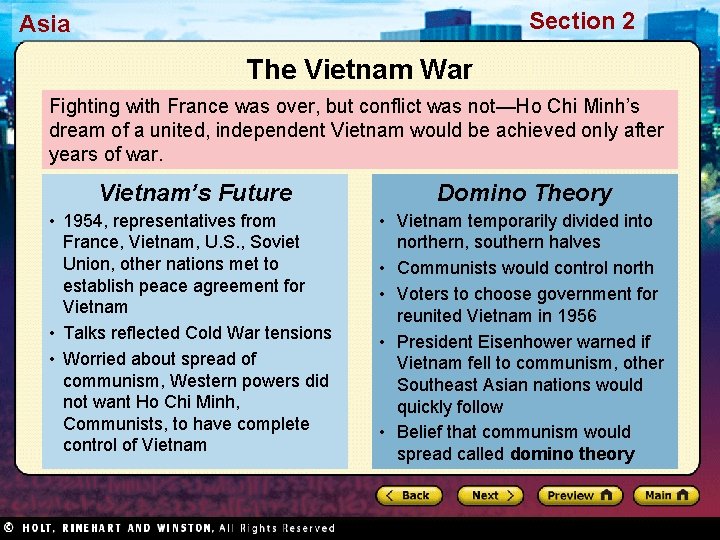 Section 2 Asia The Vietnam War Fighting with France was over, but conflict was