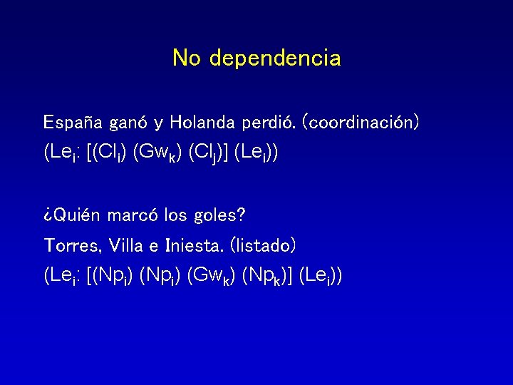 No dependencia España ganó y Holanda perdió. (coordinación) (Lei: [(Cli) (Gwk) (Clj)] (Lei)) ¿Quién